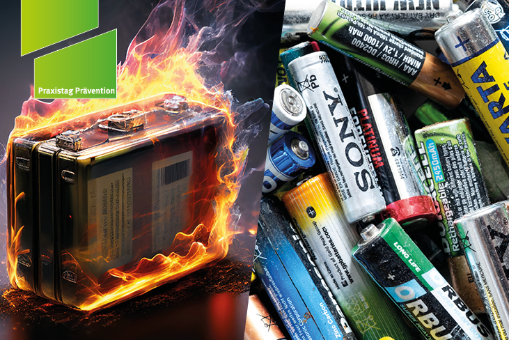Foto-Collage zeigt verschiedene Modelle von Batterien, eine davon brennend