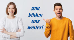 Junge Frau und junger Mann schauen freundlich in Richtung des Betrachters. Zwischen beiden der Text: Wir bilden uns weiter.