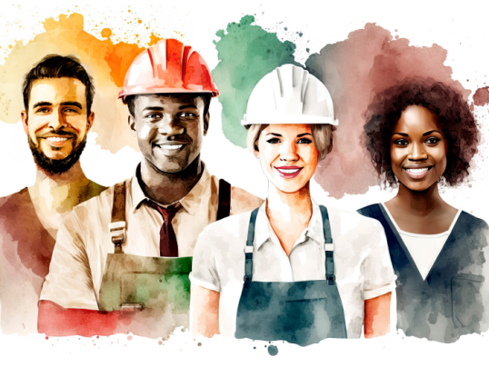 Abbildung von 4 Personen. Zwei Frauen und zwei Männer aus unterschiedlichen Berufen und mit unterschiedlicher Hautfarbe schauen freundlich lächelnd in die Kamera.