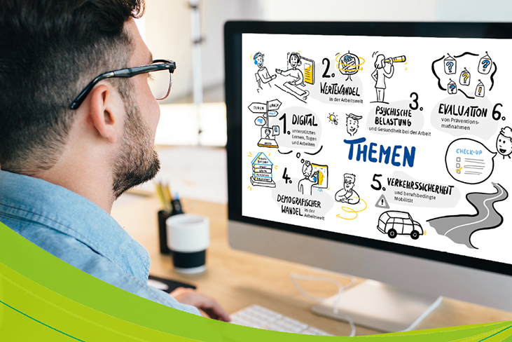 Mann mit Brille sitzt vor einem Bildschirm, der eine bunte Infografik mit sechs Themen zeigt, darunter 'Digital', 'Wertewandel', 'Psychische Belastung', 'Demografischer Wandel', 'Verkehrssicherheit' und 'Evaluation'.