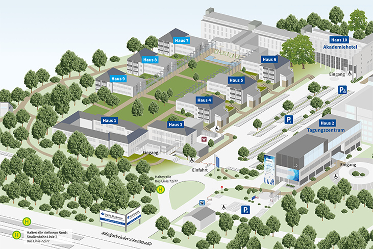 Isometrische Campus-Darstellung mit zehn beschrifteten Gebäuden, Parkplätzen, Eingängen und umgebenden Bäumen.