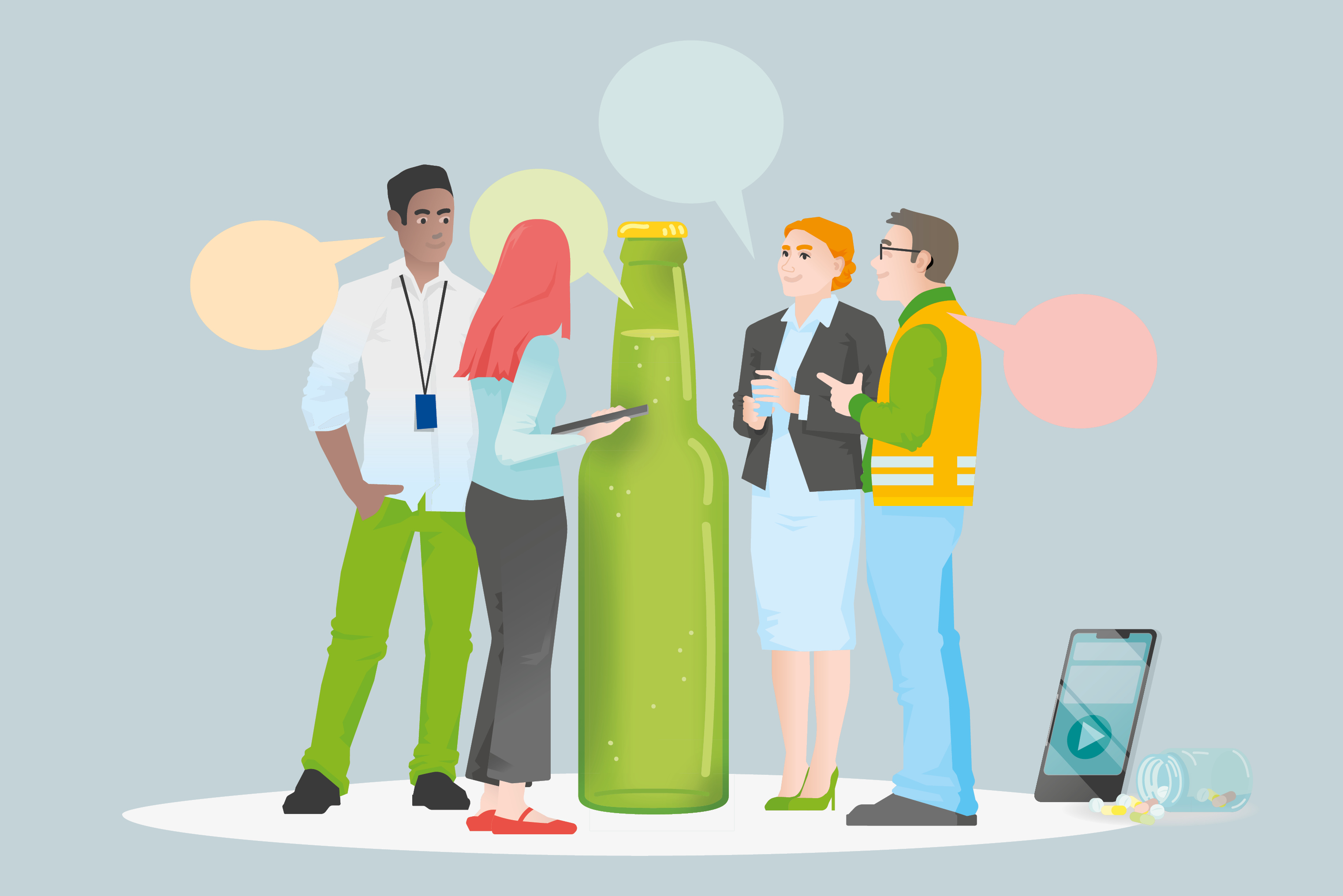 Bildmotiv zur Veranstaltung: Illustration zum Thema Sucht, Menschen verschiedener Professionen tauschen sich aus und stehen um eine übergroß dargestellte Flasche, seitlich eine offene Medikamentendose u. ein Smartphone