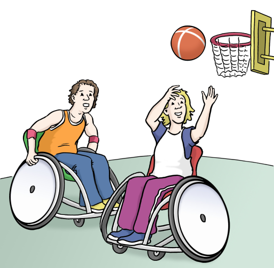 Das Bild zeigt zwei Menschen im Rollstuhl beim Basketball