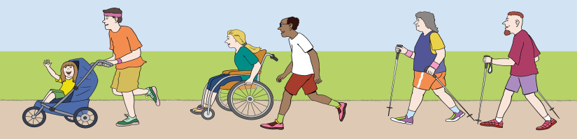 Das Bild zeigt eine Gruppe Menschen, die verschiedene Arten von Sport ausüben. Darunter auch ein Rollstuhlfahrer und ein Mann mit Kinderwagen.