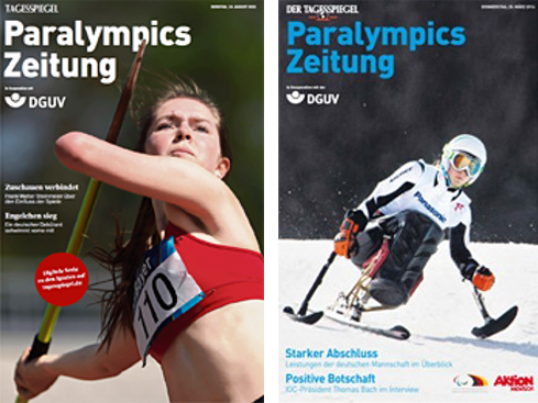 Zwei Ausgaben der Paralympics Zeitung. Links: Eine Speerwerferin mit fehlendem Arm. Rechts Ein Skiläufer mit fehlendem Bein