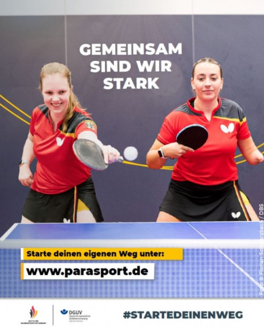 Palkat aus der Kampagne zeigt Tischtennisspielerinnen im Doppel. Beide haben eine Hamd amputiert.