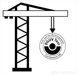 Illustration eines Kranes mit dem Logo DGUV Test Fachbereich Holz und Metall