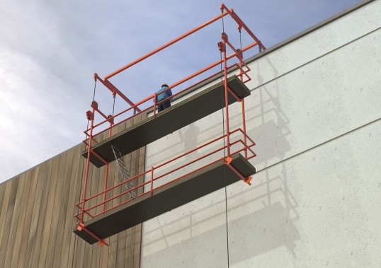 Gezeigt wird eine Arbeitsbühne, die am oberen Ende einer Fassade eines Gebäudes hängend befestigt ist. Zu sehen ist auch die dafür vorzusehende gesicherte Verbindung. 