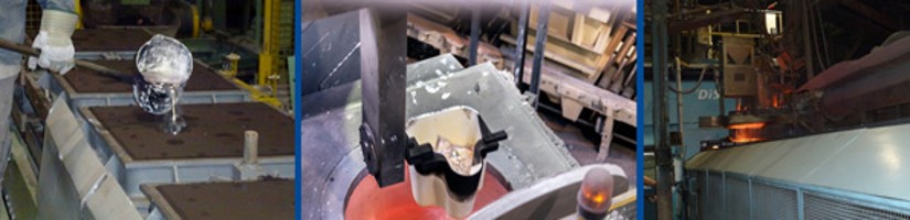 Bildcollage: Vergießen von Aluminium mit einer Handgießpfanne, Aluminiumschmelze in einer Druckgießerei, Vergießen von Gusseisen an einer automatischen Formanlage.