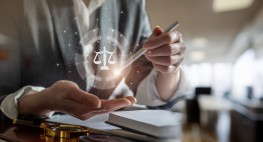 Symbolbild Einer Hand, auf der sich eine juristische Waage befindet.