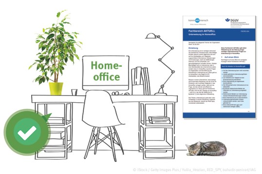 Gezeichneter Büro-Arbeitsplatz mit Katze und Grünpflanze. Auf dem Bildschirm steht das Wort 