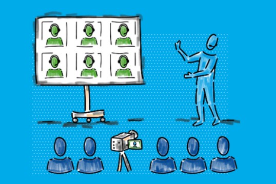 Stark vereinfachte Zeichnung mit fünf sitzenden Personen und einer stehenden Person, die auf einen Bildschirm zeigt. Auf dem Bildschirm sind sechs weitere stilisierte Personen zu sehen.