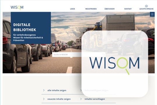 Screenshot der Webseite WISOM - Digitale Bibliothek für verkehrsbezogenes Wissen für Arbeitssicherheit & Prävention