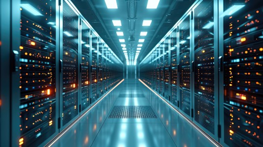 KI generiertes Bild eines Rechenzentrums voller Rack-Server und Supercomputer