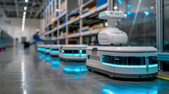 AI generated picture of an autonomous mobile robot, navigating between shelves in an industrial warehouse.
