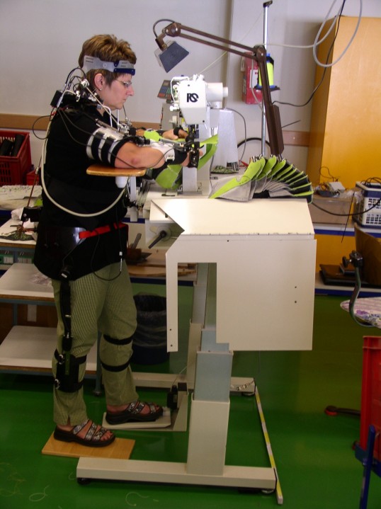 Sewing operative working in standing position at the modified workplace