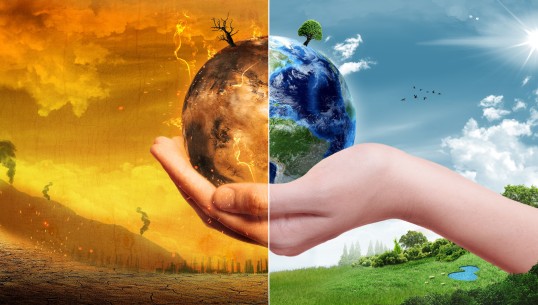 Photomontage that shows a hand holding planet earth, the picture is split in the middle with the left side showing a dark, destroyed, and burning enviroment, while the right side shows a lush and green enviroment under a blue sky