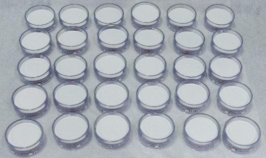 Mehrere runde, einzeln verpackte Glasfaserfilter liegen in einem geordneten Raster. Die weißen Filter dienen der Dotierung mit Diisocyanaten für Ringversuche in der analytischen Qualitätssicherung.