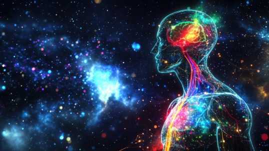 Ein KI-generiertes Bild. Der Hintergrund ist einer Galaxie nachempfunden. Zu sehen ist ein durchsichtiger Mensch, dessen Gehirn und Nervenbahnen farbig sichtbar dargestellt sind.