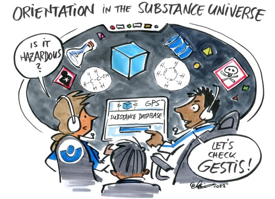A comic advising a team to consult the GESTIS substance database