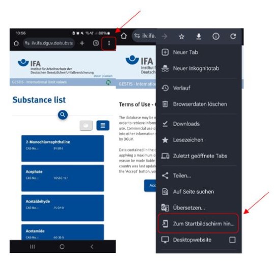 Zwei Screenshots von einem Handy mit Android als Betriebssystem. Im ersten Screenshot sieht man die Startseite der Anwendung. Oben rechts in der Ecke befinden sich die Drei-Punkte für die Menüauswahl. Im zweiten Screenshot ist die Menüleiste zusehen. Als vorletzter Punkt befindet sich die Option 