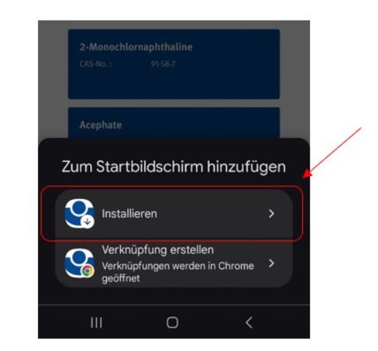 Screenshot von einem Handy mit Android als Betriebssystem, auf dem die Auswahlmöglichkeiten zu sehen sind, wie die Anwendung auf dem Startbildschirm hinzugefügt werden soll.