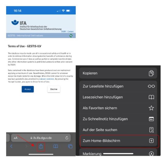 Zwei Screenshots eines iPhones. Im ersten sieht man die Nutzungsbedingungen der Anwendung, die über die Felder 