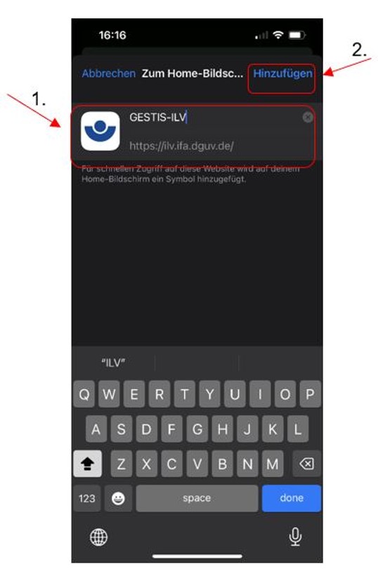 Screenshot eines iPhones, auf dem zu sehen ist, wie über die Tastatur ein Name für die App vergeben werden kann. Oben rechts befindet sich der Befehl 