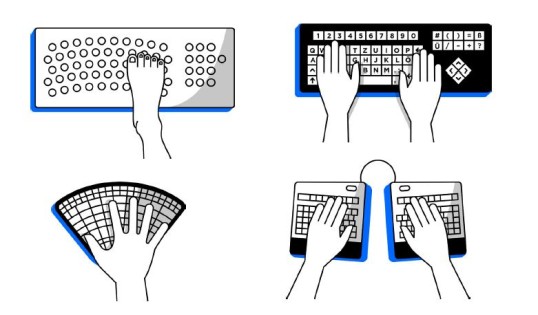 Vier verschiedene Tastaturen: Einhandtastatur, Fußtastur etc. 