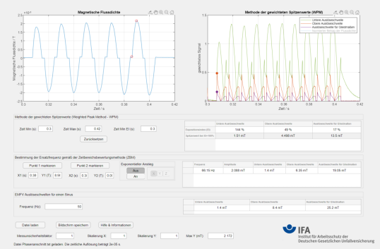 Screenshot der Software: Eingabefelder, Darstellung des zeitlichen Signalverlaufs etc.