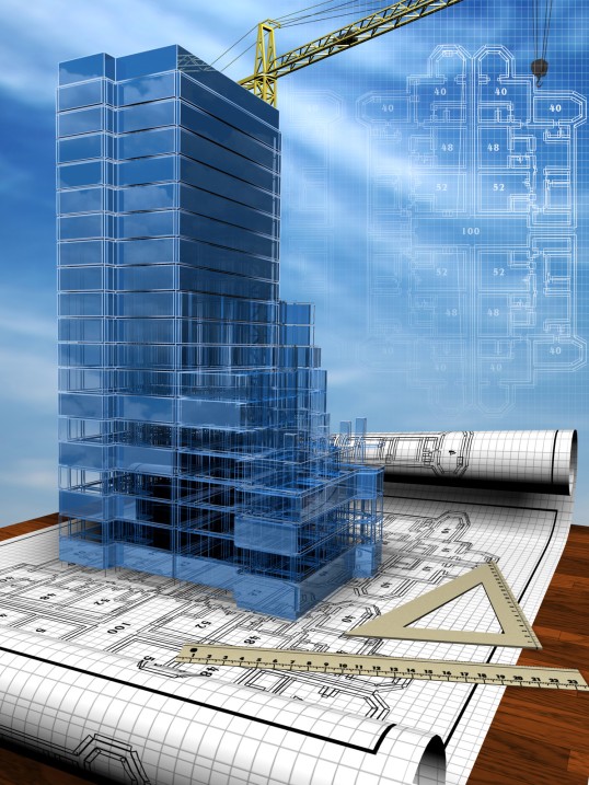 Virtual building mounted on a construction plan 