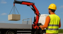 KI-generiertes fotorealisitisches Bild: Ein LKW mit einem Kran, der eine Last hebt. Davor steht eine Person mit Schutzhelm und Warnweste. Die Person hält eine Funkfernsteuerung in der Hand.