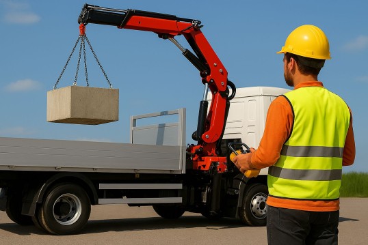KI-generiertes fotorealisitisches Bild: Ein LKW mit einem Kran, der eine Last hebt. Davor steht eine Person mit Schutzhelm und Warnweste. Die Person hält eine Funkfernsteuerung in der Hand.