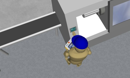 Skizze einer Person mit einem Tablet, welche sich an einer Maschine anmeldet 