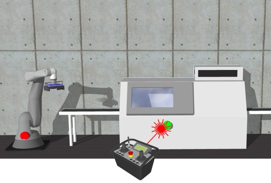 Skizze auf der das Bediengerät auf eine Maschine ausgerichtet ist.
