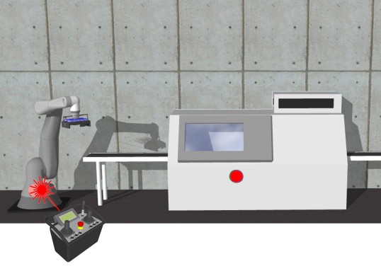 Skizze einer Steuerung die auf einen Roboter gerichtet ist.
