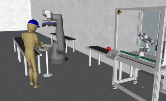 Darstellung einer Person an einer Roboterstation mit einem Bediengerät.