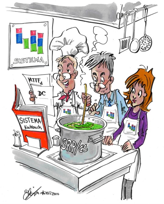 Karikatur (Köche, die anhand eines SISTEMA-Kochbuchs kochen)
