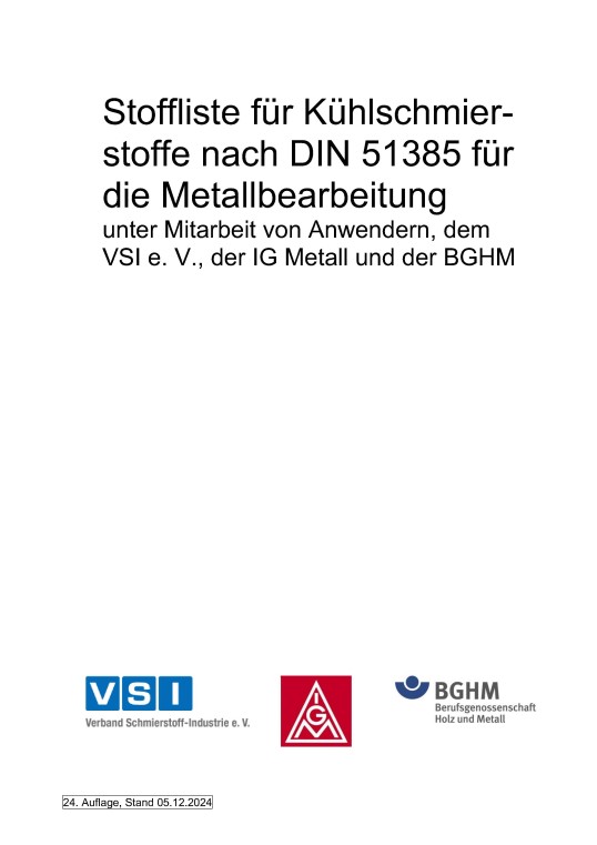 Titelseite der Stoffliste für Kühlschmierstoffe nach DIN 51385 für die Metallbearbeitung