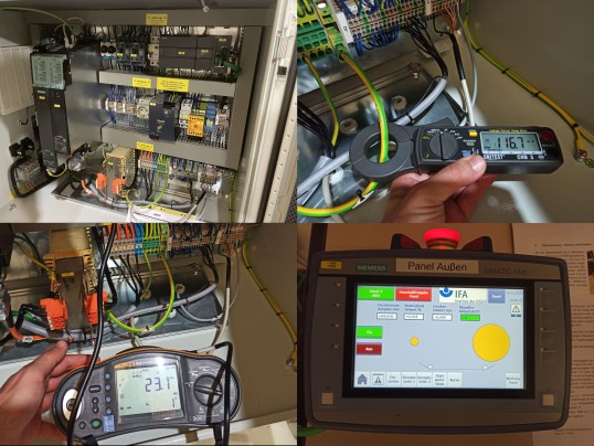 Collage bestehend auf 4 Fotos welche die Prüfung der elektrischen Ausrüstung einer Maschine darstellen