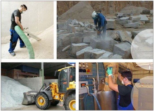 Cover image of the Focus on IFA's work No. 0441, showing a range of work situations in which silica dust may occur