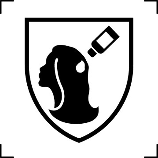 Ein Piktogramm, welches die Silhouette einer Person mit langen Haaren darstellt, der gerade aus einer Flasche ein Tropfen aufs Haar gegeben wird