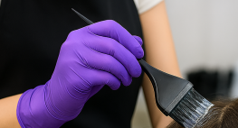 KI-generiertes, fotorealisitisches Bild, das eine Hand in lila Schutzhandschuh zeigt, die einer Person mit einem Pinsel etwas auf die Haare aufträgt