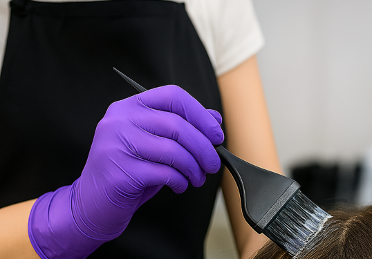 KI-generiertes Bild welches eine Person mit lila Schutzhandschuhen zeigt, welche einer weiteren Person mit einem Pinsel Haarfarbe auf die Haare aufträgt