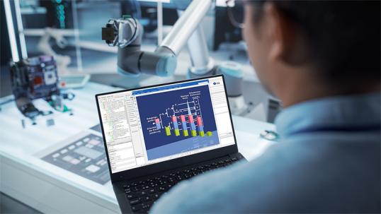 Titelbild des IFA Reports 1/2025 auf dem eine Person mit einem Laptop abgebildet ist, auf dem Bildschirm des Laptops ist ein Risikograph mit Säulendiagram zu sehen.