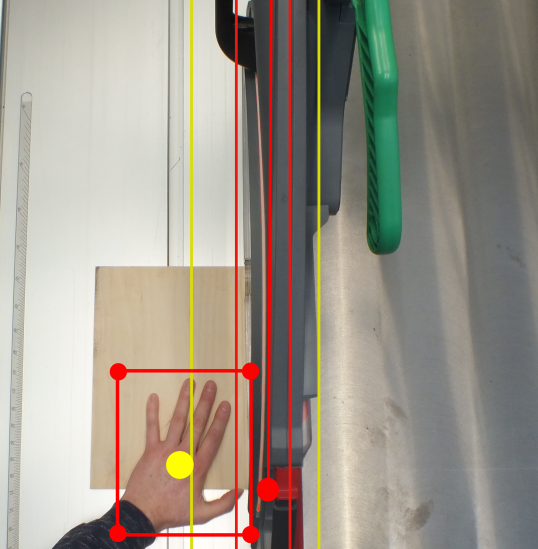 Picture of a hand with red and yellow lines over it, as the hand is being detected by AI