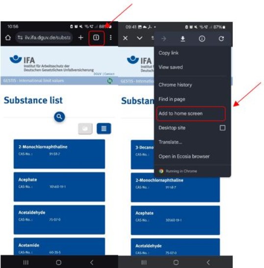 Two screenshots of a mobile phone using the Android operating system. The first screenshot shows the start page of the application. In the top right corner there are three dots for menu selection. The second screenshot shows the menu bar. The 'Add to home screen' option is in the centre of the menu bar