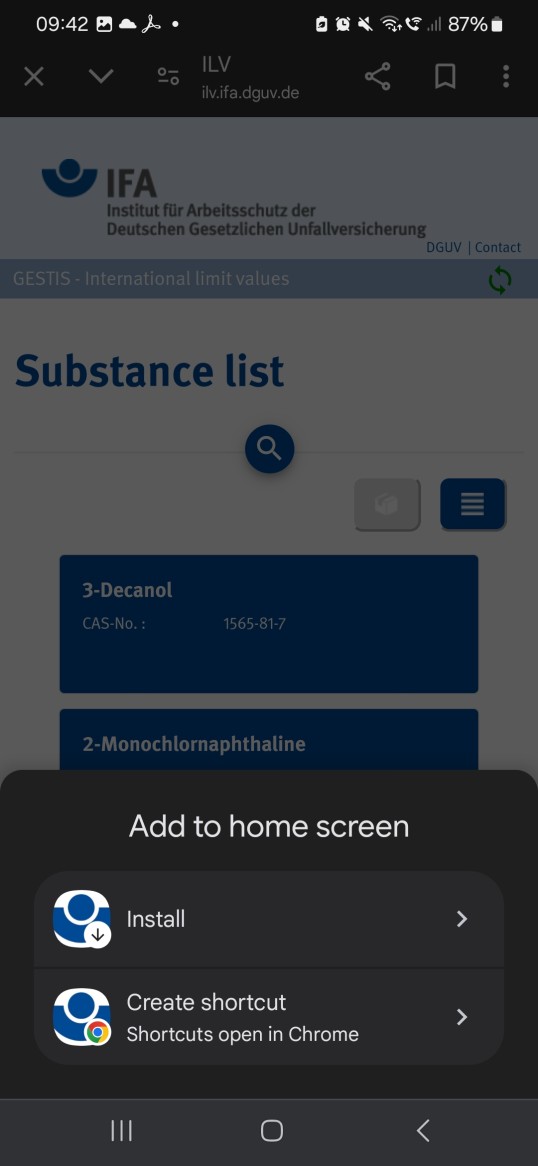 Screenshot of a mobile phone with Android as the operating system, showing the options for adding the application to the home screen.