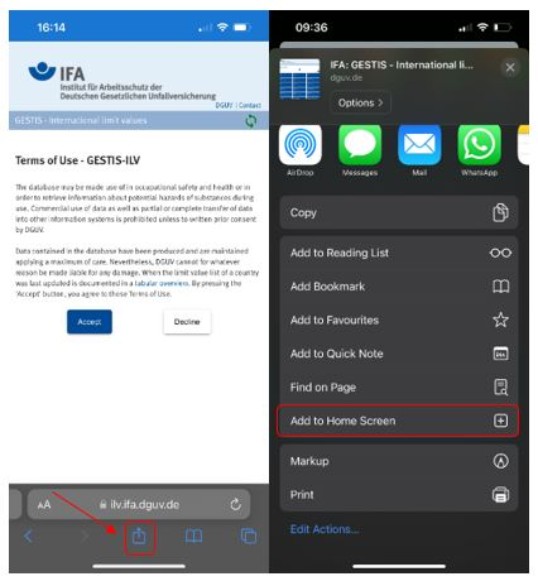 Two screenshots of an iPhone. The first shows the terms of use of the application, which can be accepted or rejected using the 'Accept' or 'Decline' fields. The 'share icon' can be seen in the menu bar at the bottom of the screen. The second screenshot of the iPhone shows the 'share menu'. The third from last item is the option 'Add to Home Screen'