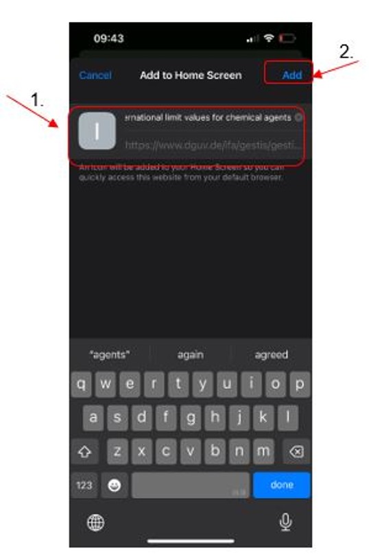 Screenshot of an iPhone showing the keyboard that can be used to assign a name for the app. The 'Add' command is in the top right corner.